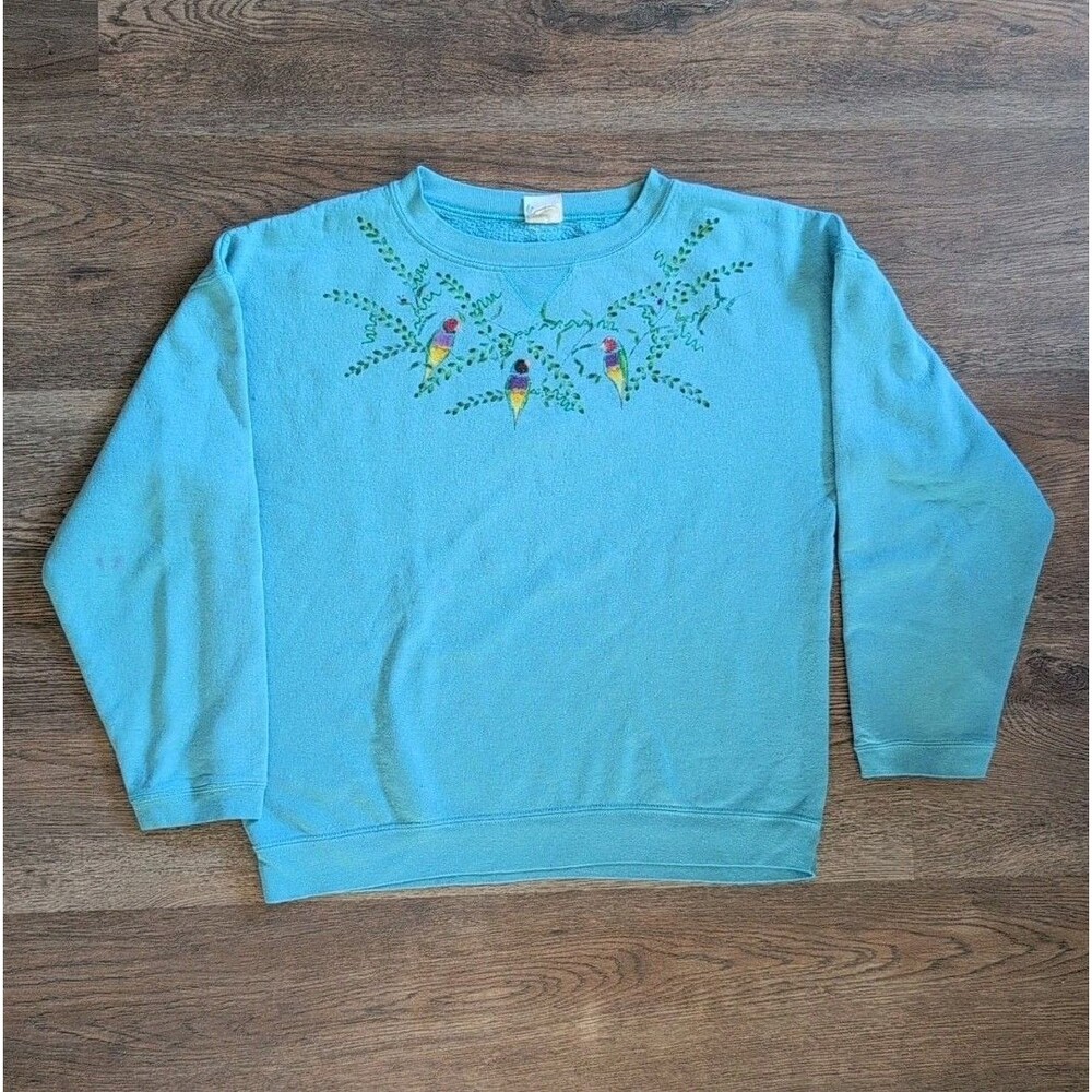 Vintage Hanes Hand Painted Parrot Floral Sweatshirt USA Large Cottagecore Raglan